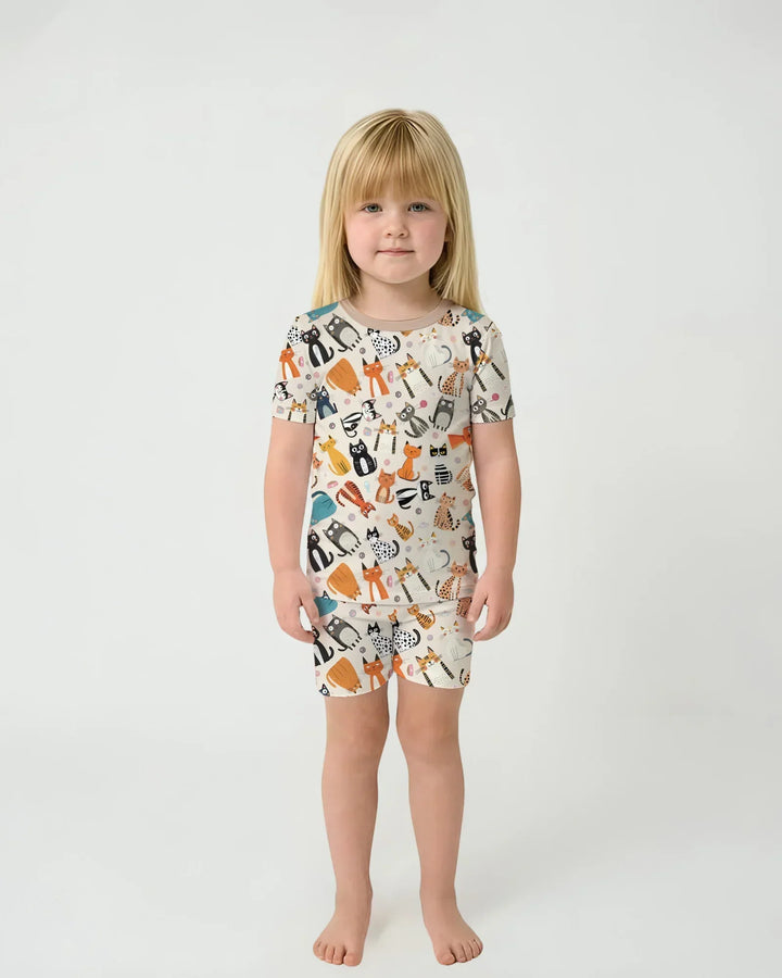 Goofy Mischief Cat Family Matching Bamboo Two Piece Short Sleeve Shorts Pajama Set