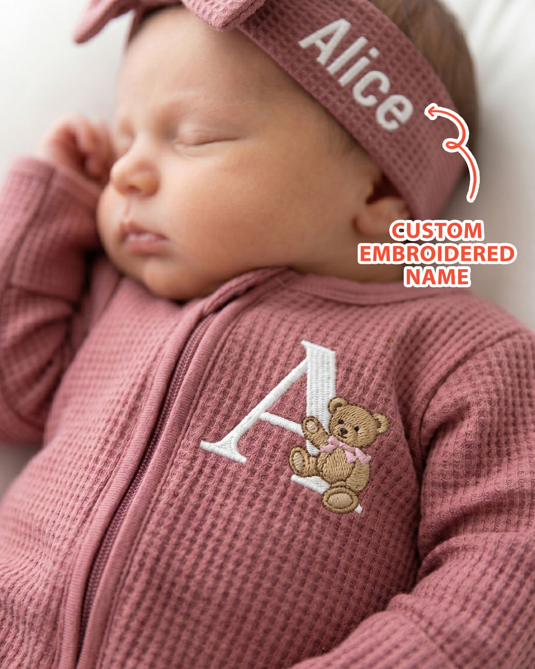 Personalized Cute Bear Embroidered Waffle Bamboo Zipper Footie