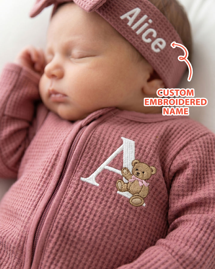 Personalized Cute Bear Embroidered Waffle Bamboo Zipper Footie