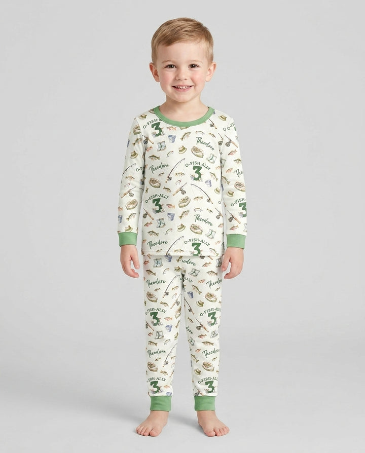 Personalized Fishing Birthday  Bamboo Two Piece Long Sleeve Pajama Set