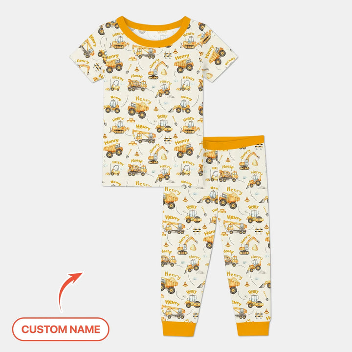 Constructions Machines Custom Name Bamboo Two Piece Short Sleeve Pajama Set