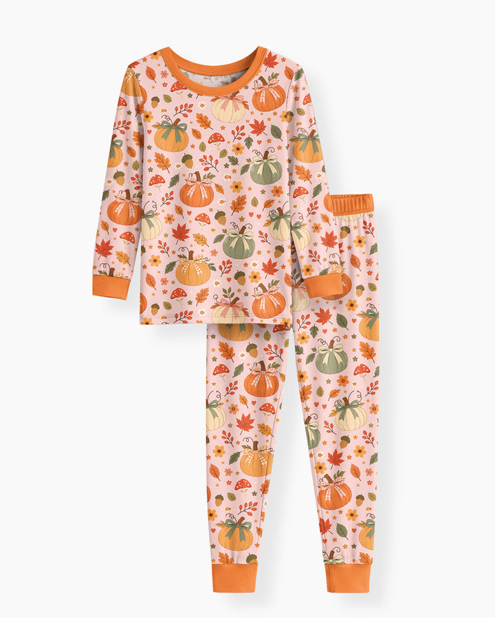 Pastel Pumpkin Bow Fall Bamboo Two Piece Long Sleeve Pajama Set