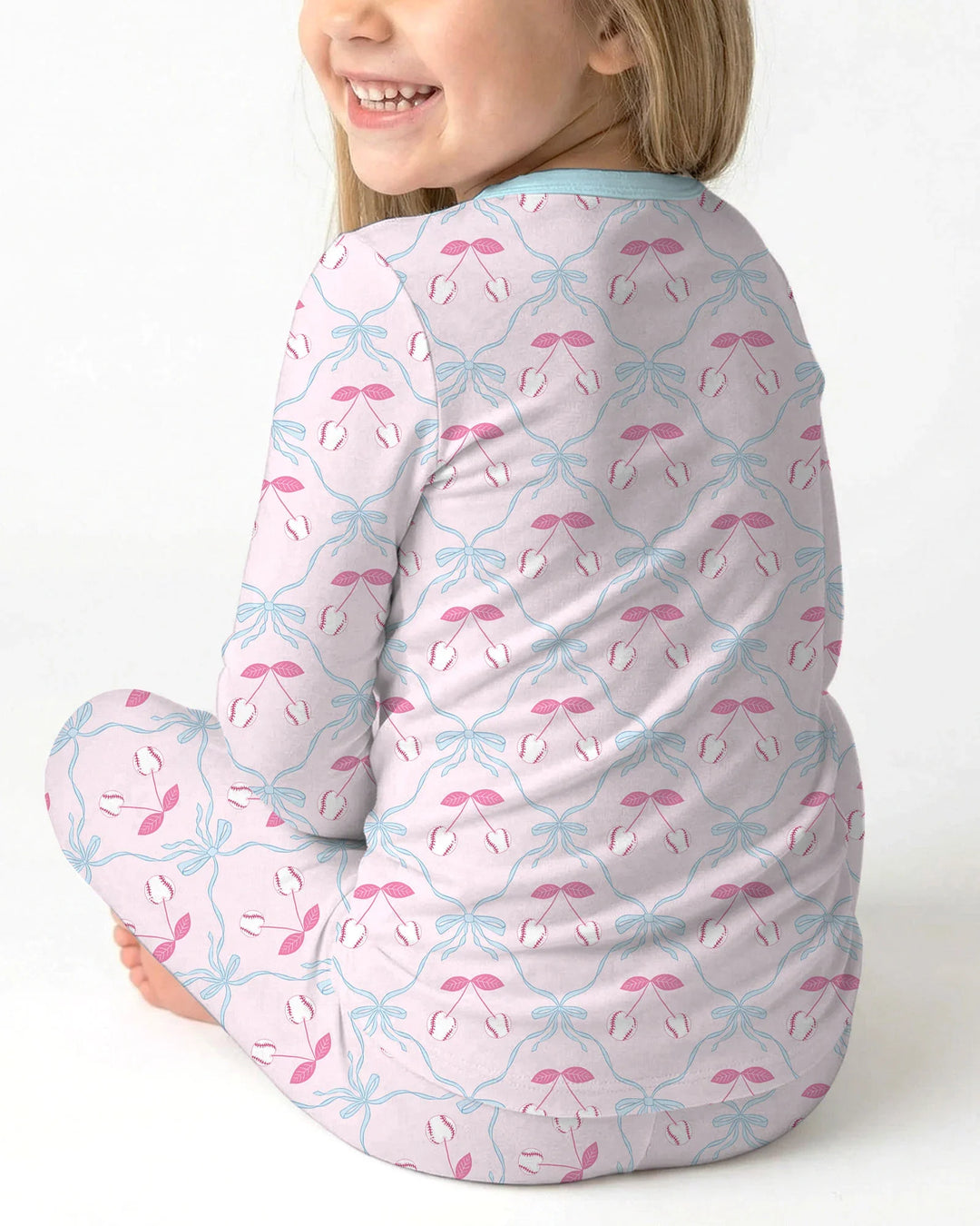Cherry Baseball Softball Mom and Girl Matching Bamboo Two Piece Long Sleeve Pajama Set