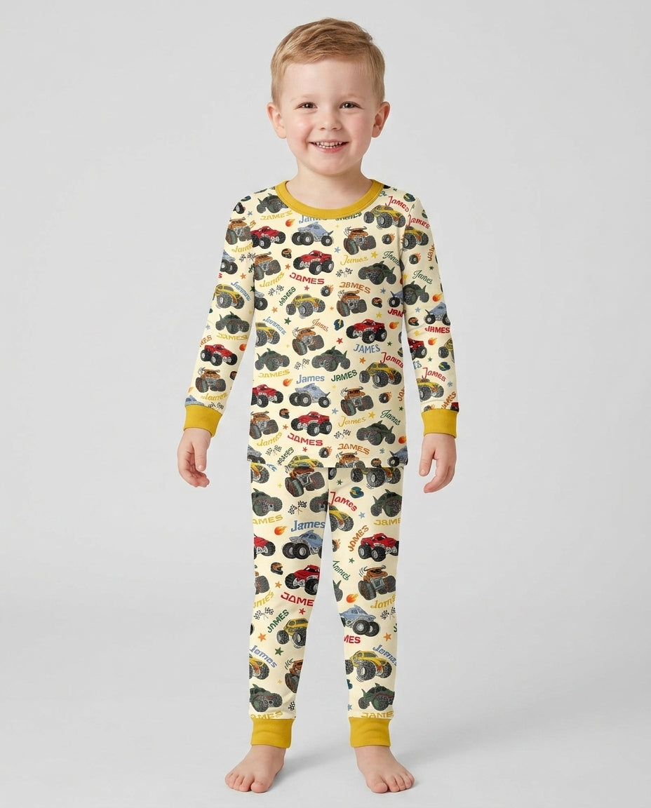 Personalized Monster Truck Bamboo Two Piece Long Sleeve Pajama Set