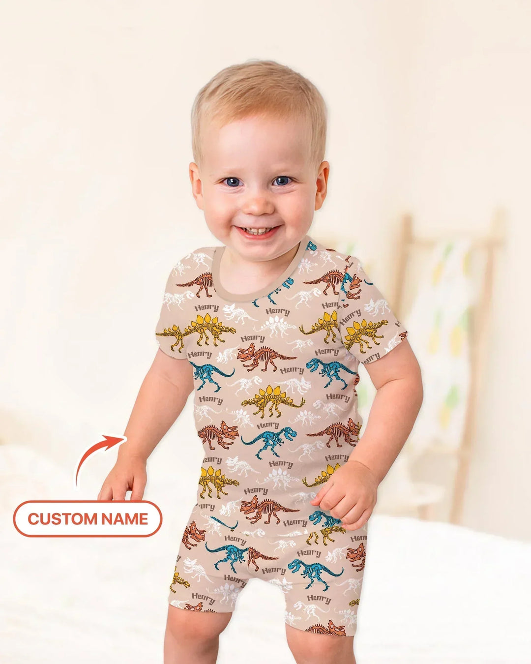 Dino Bones Parade Custom Name Bamboo Two Piece Short Sleeve Shorts Pajama Set