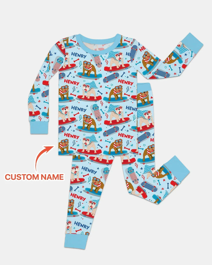 Personalized Patriotic Skate Pups Family Matching Bamboo Two Piece Long Sleeve Pajama Set