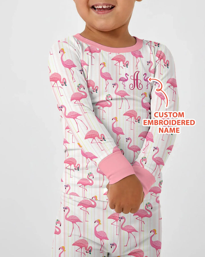Custom Name Embroidered Flamingo Bamboo Two Piece Long Sleeve Pajama Set