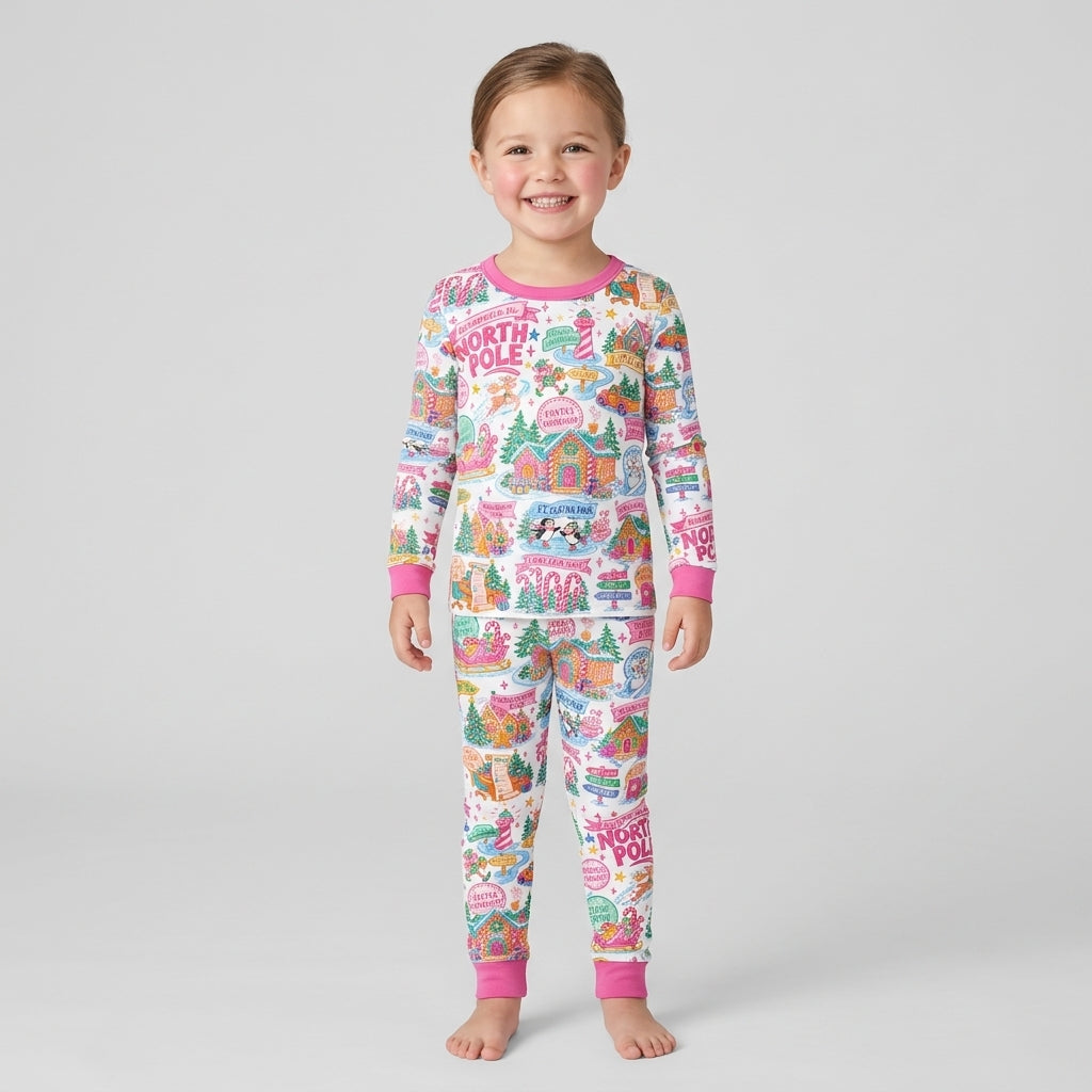 Retro North Pole Bamboo Two Piece Long Sleeve Pajama Set
