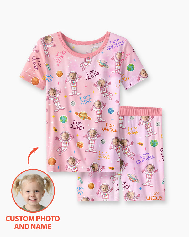 Custom Photo Kid Affirmations I Am Kind Astronaut Bamboo Two Piece Short Sleeve Pajama Set