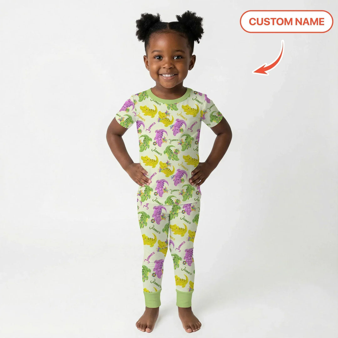Custom Name Mardi Gras Alligator Bamboo Two Piece Short Sleeve Pajama Set