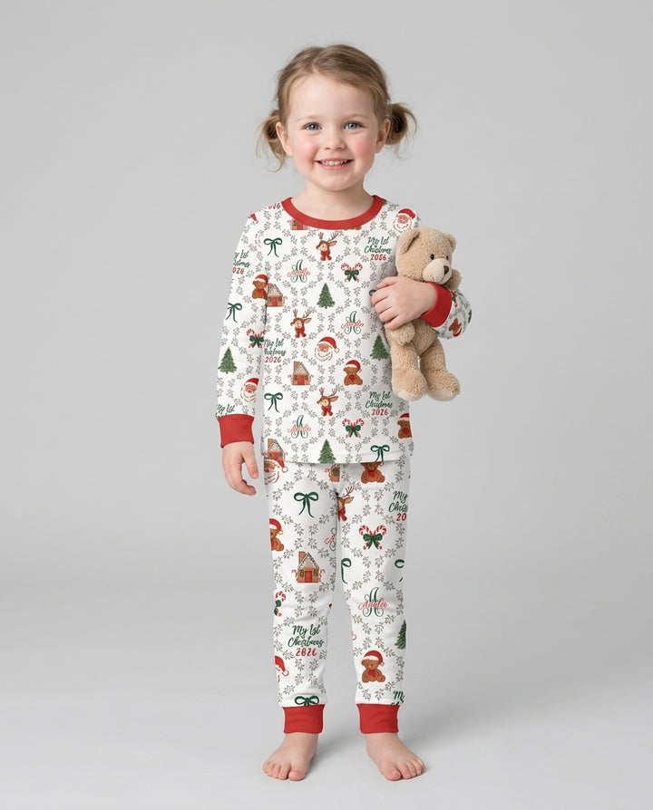 Custom name "Fancy Monogram Red Christmas 2026" Bamboo Two Piece Long Sleeve Pajama Set