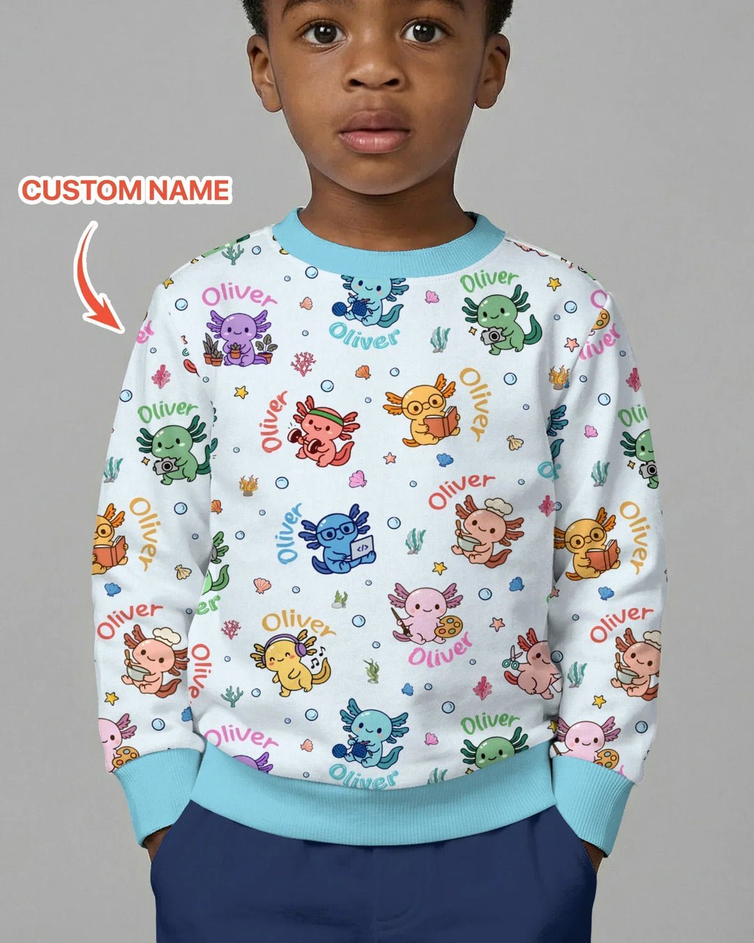 Custom Name Cute Hobby Axolotl Bamboo Crewneck Sweatshirt