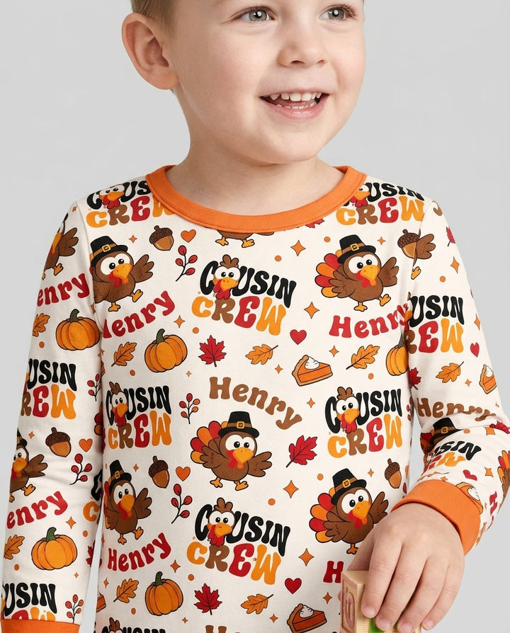 Personalized Cousin Crew Thanksgiving Bamboo Two Piece Long Sleeve Pajama Set