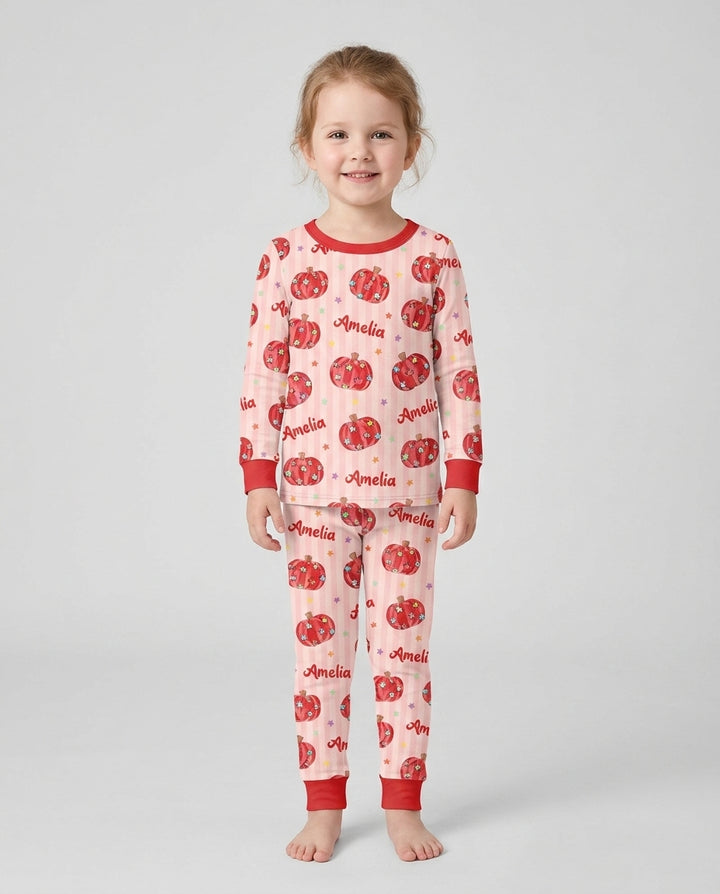 Colorful Star Pumpkin Custom Name Bamboo Two Piece Long Sleeve Pajama Set