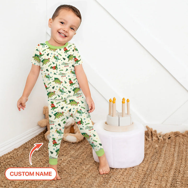 Custom Name Dinosaurs Christmas Tree Bamboo Two Piece Short Sleeve Pajama Set