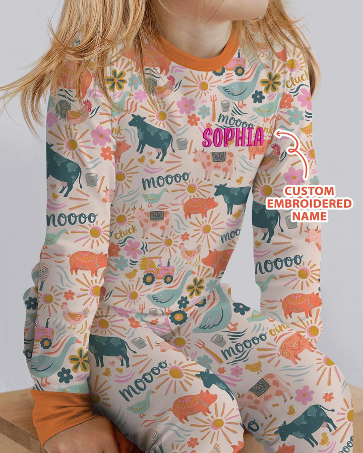 Custom Name Embroidered Colorful Farm Life  Bamboo Two Piece Long Sleeve Pajama Set