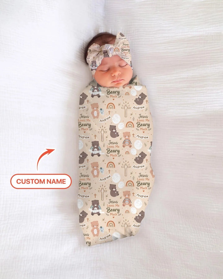 Custom Name Jesus Loves Me Beary Much Swaddle Blanket