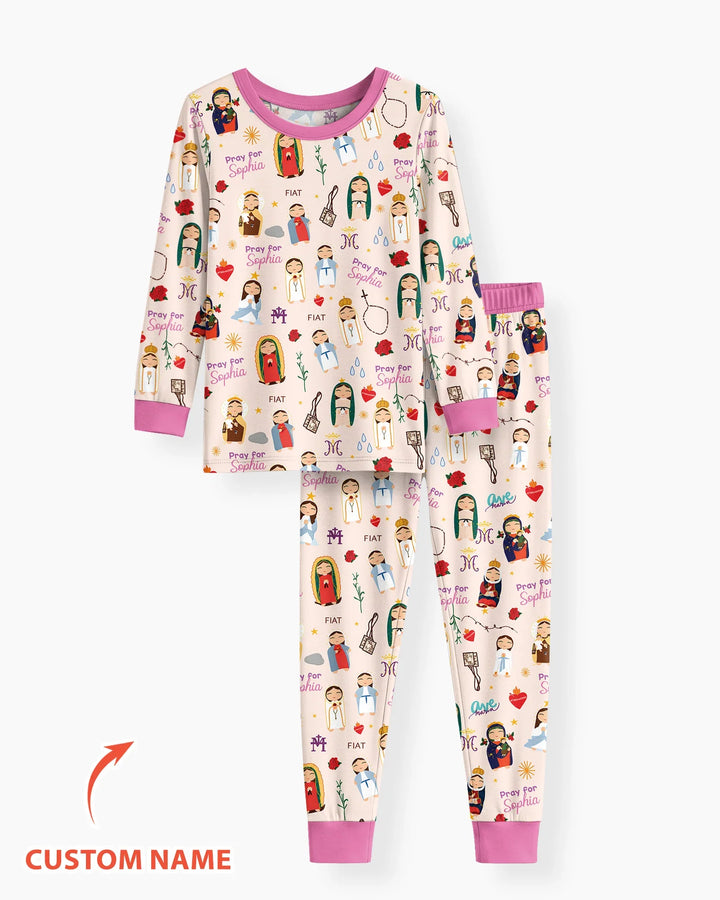Mother Mary Pray For Me Custom Name Bamboo Two Piece Long Sleeve Pajama Set