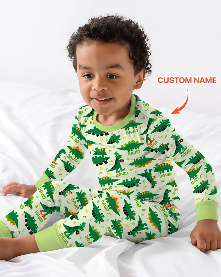St. Patrick's Day Dinosaurs Custom Bamboo Two Piece Long Sleeve Pajama Set