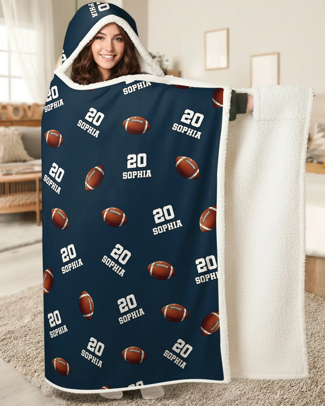 Football Pattern Personalized Bamboo Wearable Hooded Blanket
