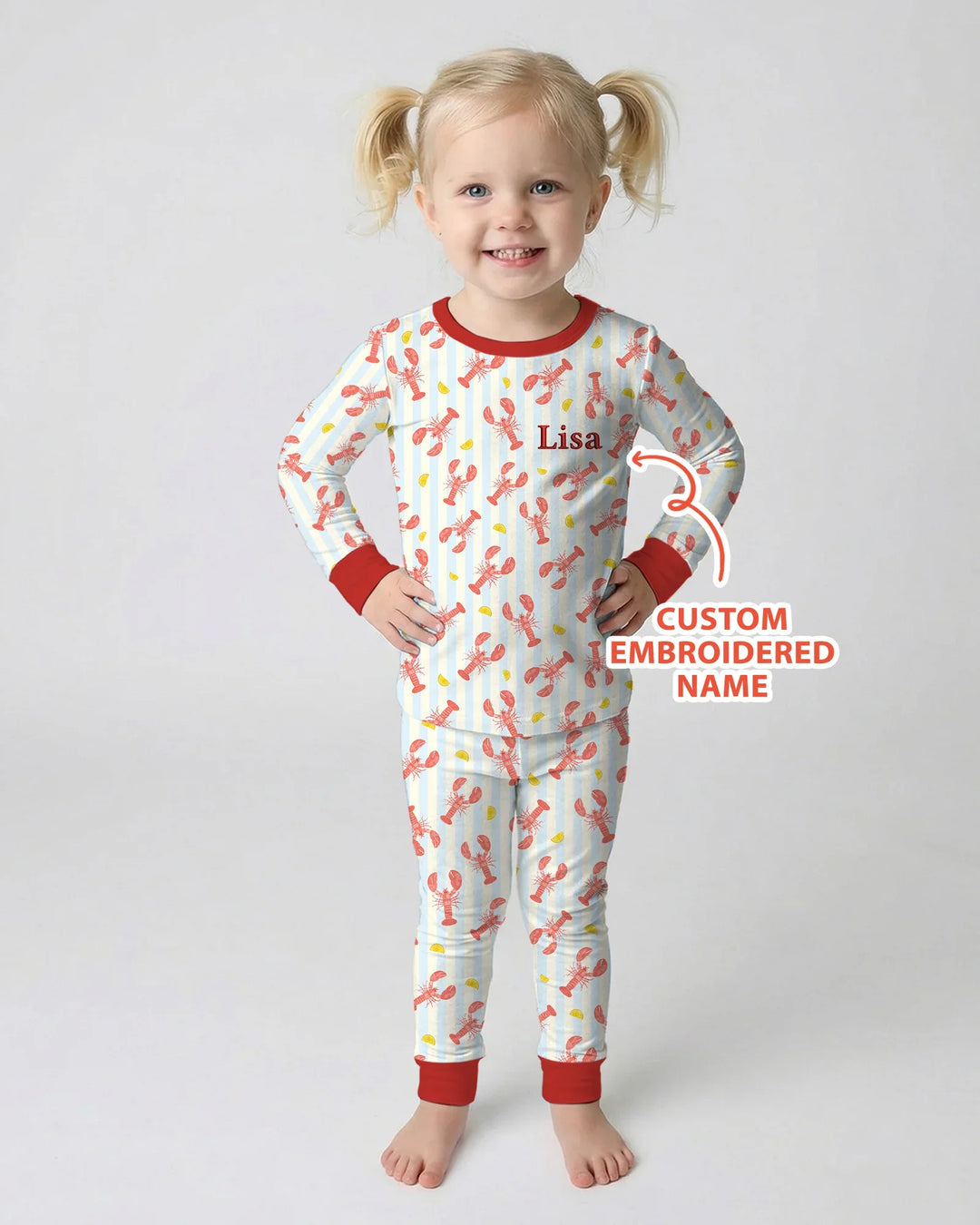 Personalized Embroidered Crawfish Summer Baby Bamboo Two Piece Long Sleeve Pajama Set