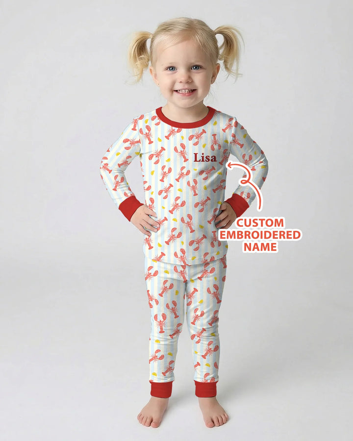 Personalized Embroidered Crawfish Summer Baby Bamboo Two Piece Long Sleeve Pajama Set