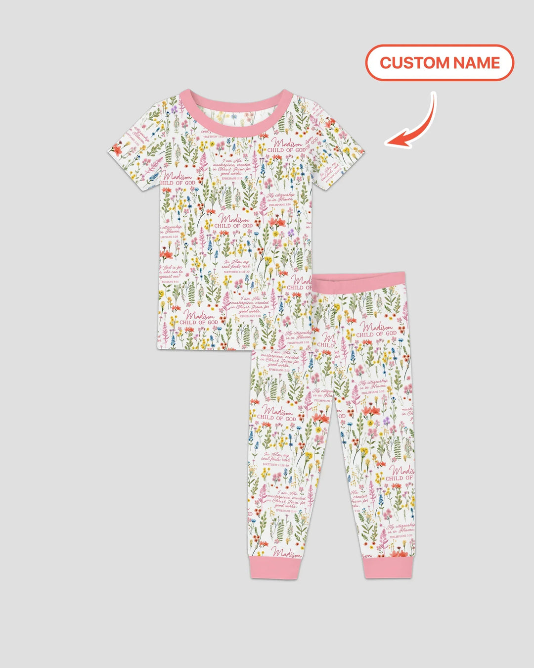 Custom Name Child of God Flower Garden Bamboo Two Piece Short Sleeve Pajama Set