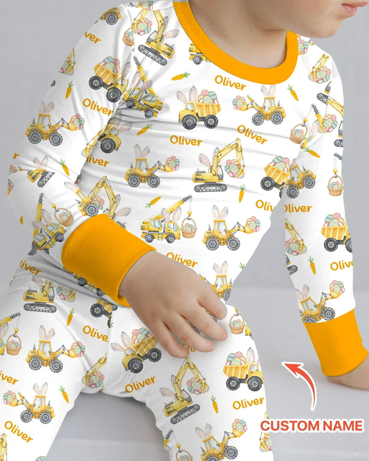 Custom name Eggs-cavator Construction Bamboo Two Piece Long Sleeve Pajama Set
