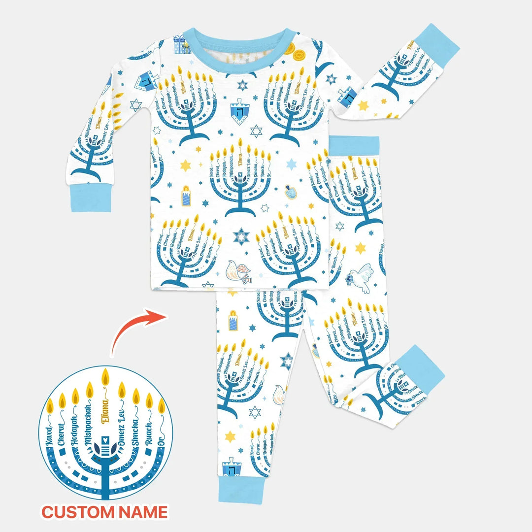 Hanukkah Custom Name Bamboo Two Piece Long Sleeve Pajama Set