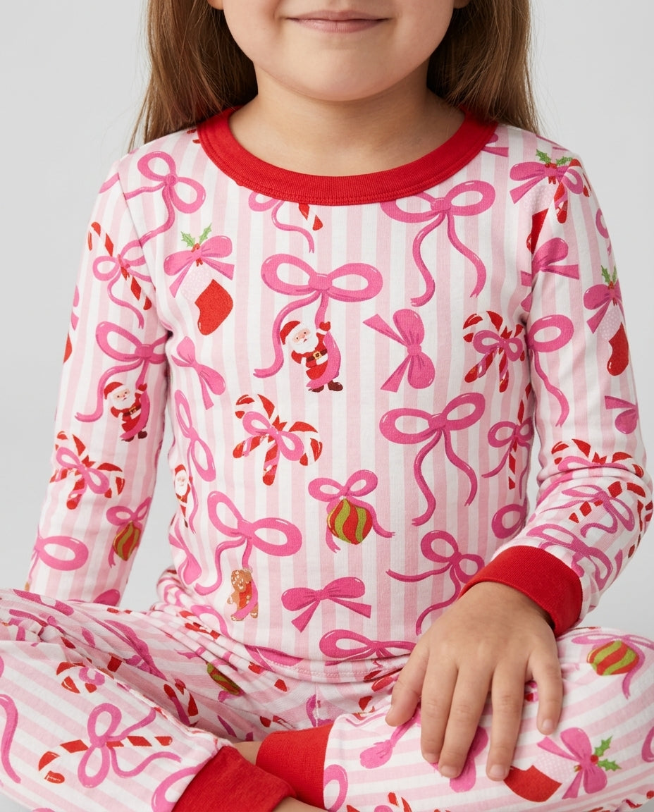 Pink Bow Christmas Magic Bamboo Two Piece Long Sleeve Pajama Set