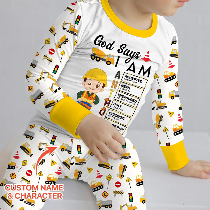 Custom Name God Says I Am Little Builder Letter in Bible Bamboo Two Piece Long Sleeve Pajama Set