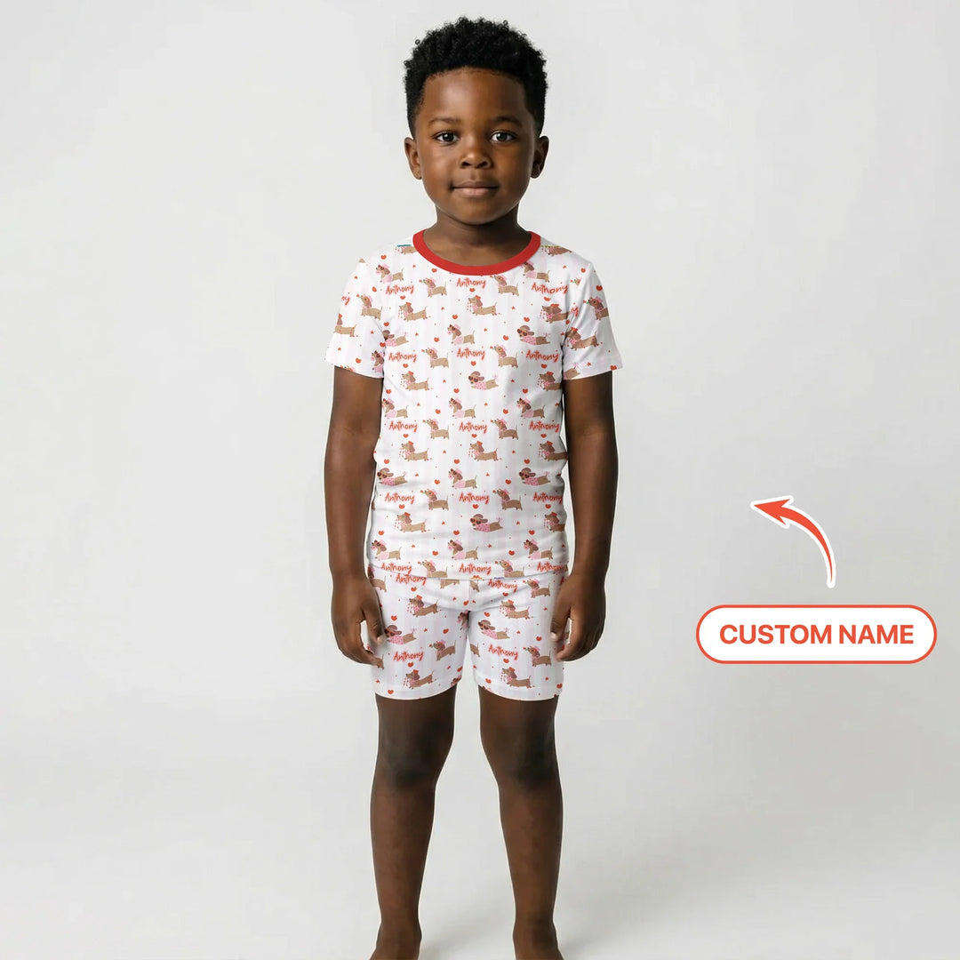 Custom Name Valentine Dachshund Family Matching Bamboo Two Piece Short Sleeve Shorts Pajama Set