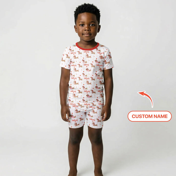 Custom Name Valentine Dachshund Family Matching Bamboo Two Piece Short Sleeve Shorts Pajama Set