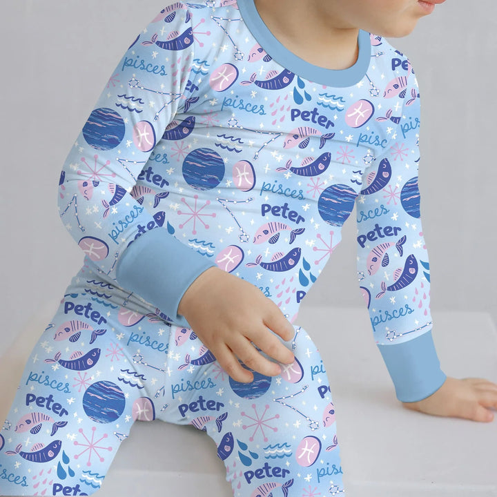 Custom Name Zodiac Pisces Bamboo Two Piece Long Sleeve Pajama Set