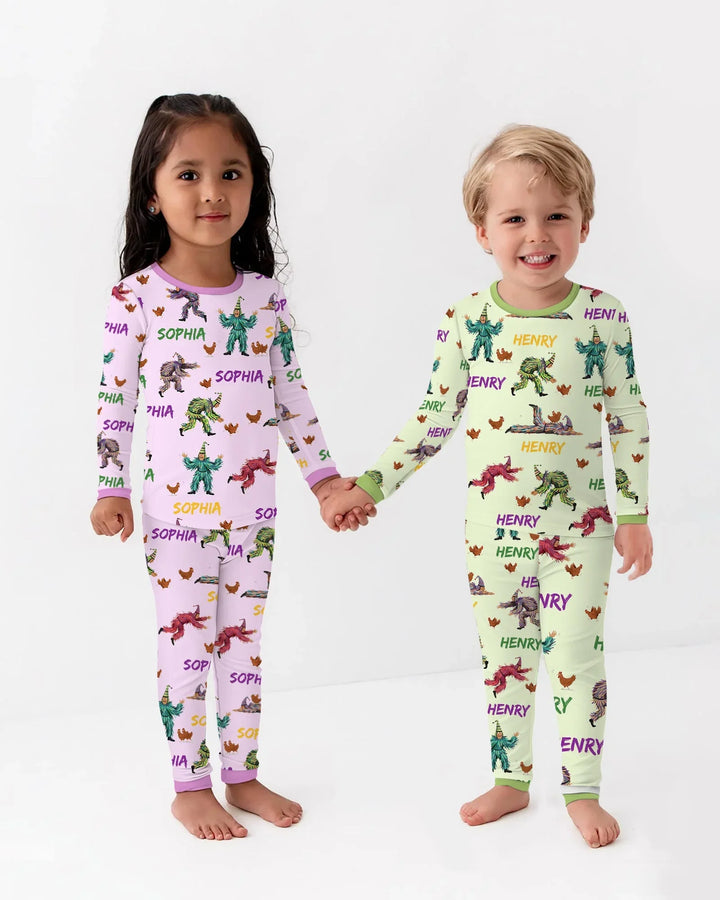 Custom Name Mardi Gras Chicken Chase Family Matching Bamboo Two Piece Long Sleeve Pajama Set