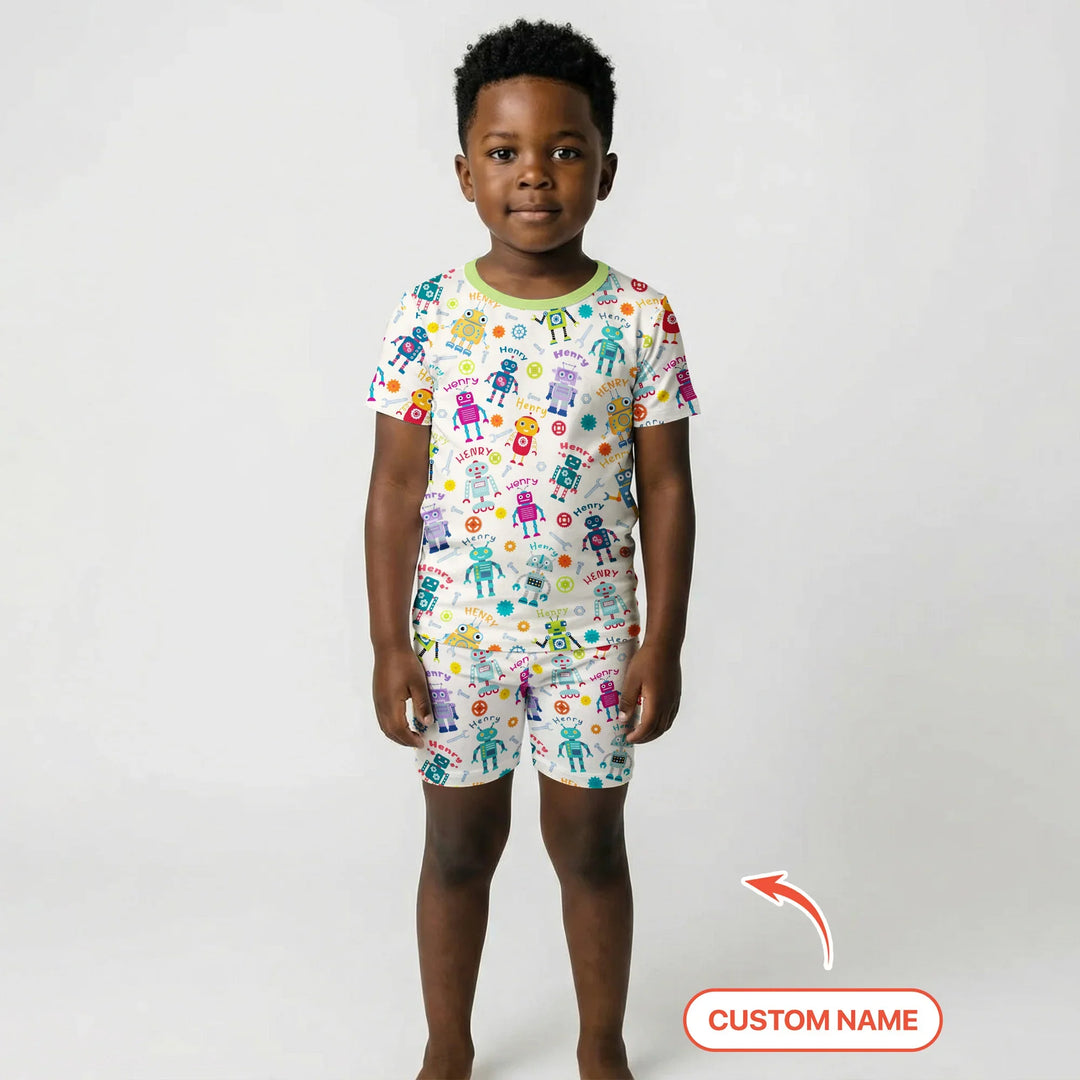 Robo Buddy Squad Custom Name Bamboo Two Piece Short Sleeve Shorts Pajama Set