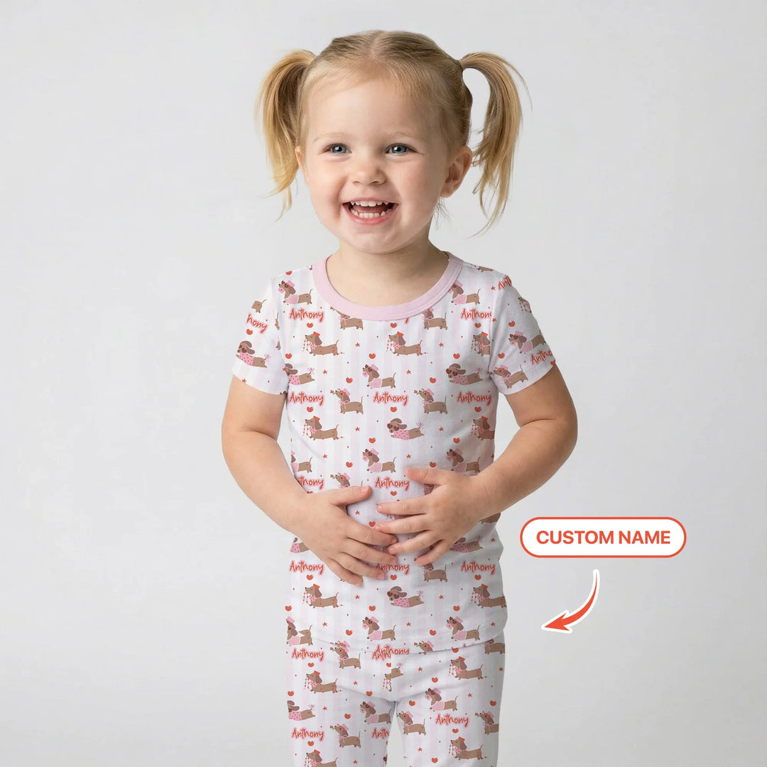 Custom Name Valentine Dachshund Family Matching Bamboo Two Piece Short Sleeve Pajama Set