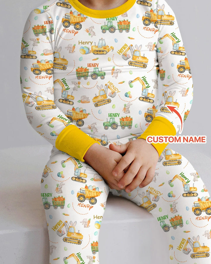 Easter Construction Vehicles Custom Name Bamboo Two Piece Long Sleeve Pajama Set