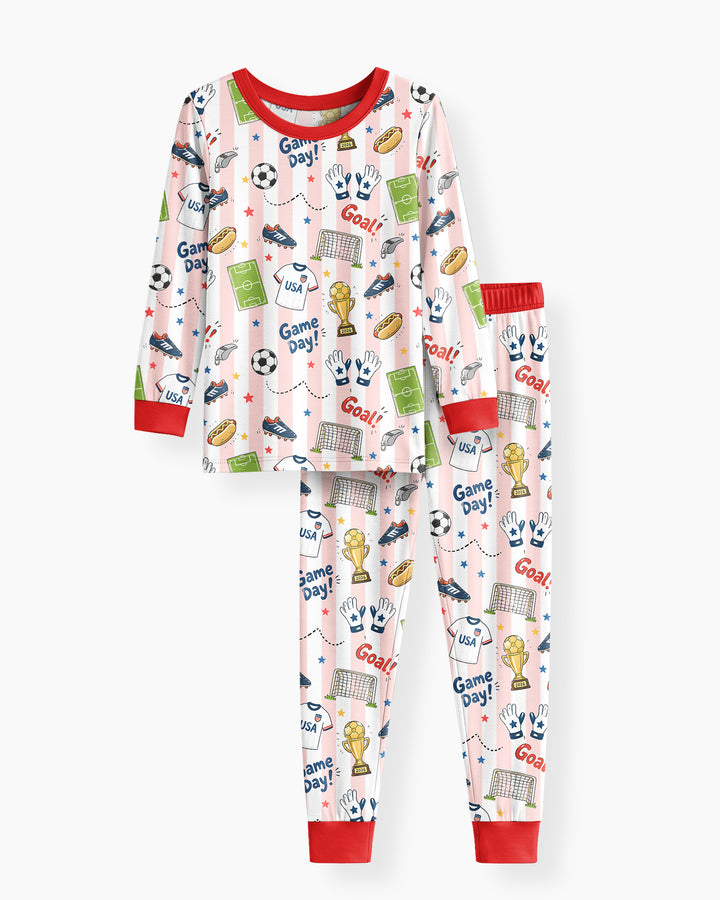 Striped Soccer Game Day Family Matching Bamboo Two Piece Long Sleeve Pajama Set