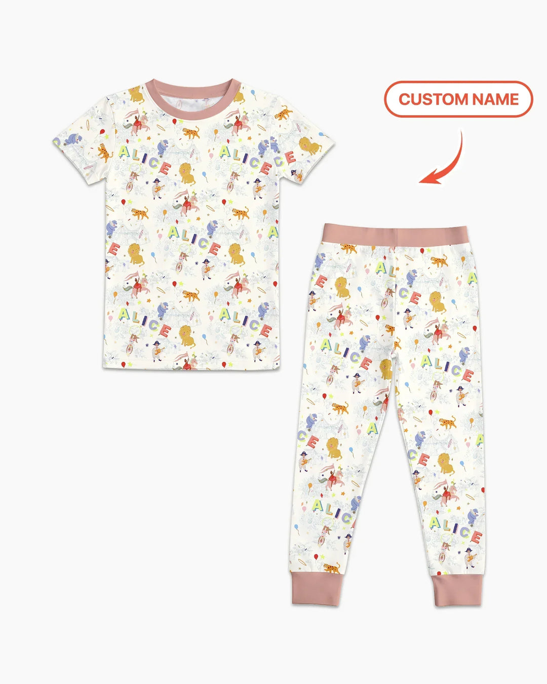 Custom Name Circus Toile Bamboo Two Piece Short Sleeve Pajama Set