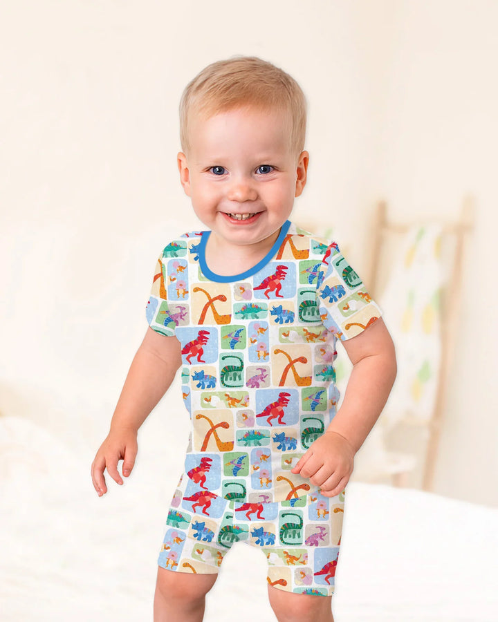 Rainbow Dino Friends Family Matching Bamboo Two Piece Short Sleeve Shorts Pajama Set