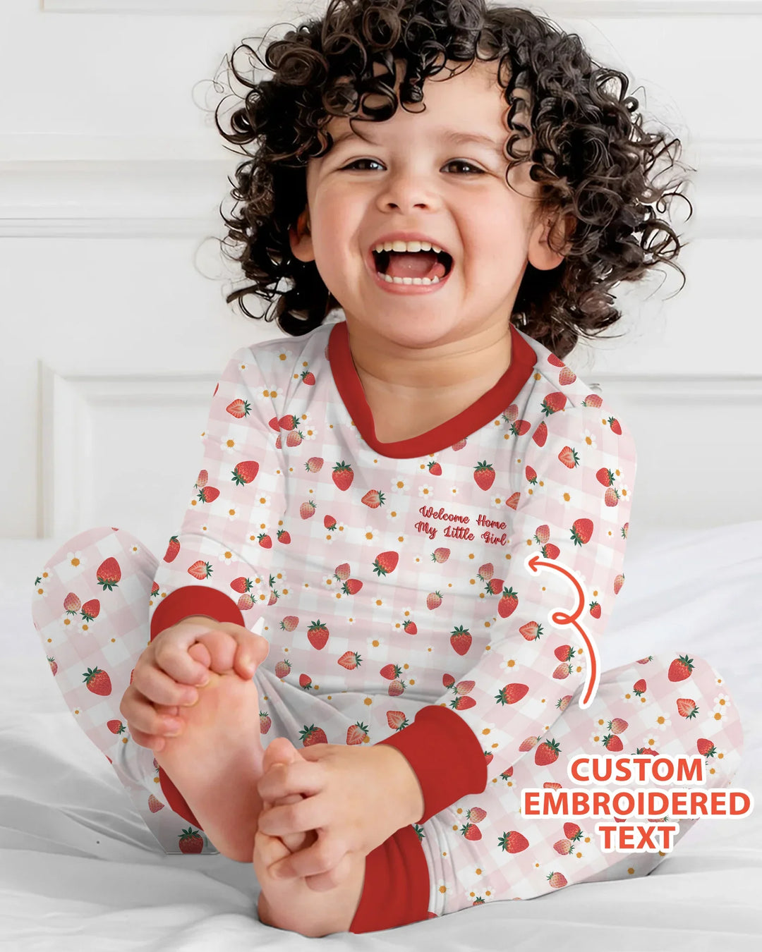 Embroidered Custom Text Strawberry Bamboo Two Piece Long Sleeve Pajama Set