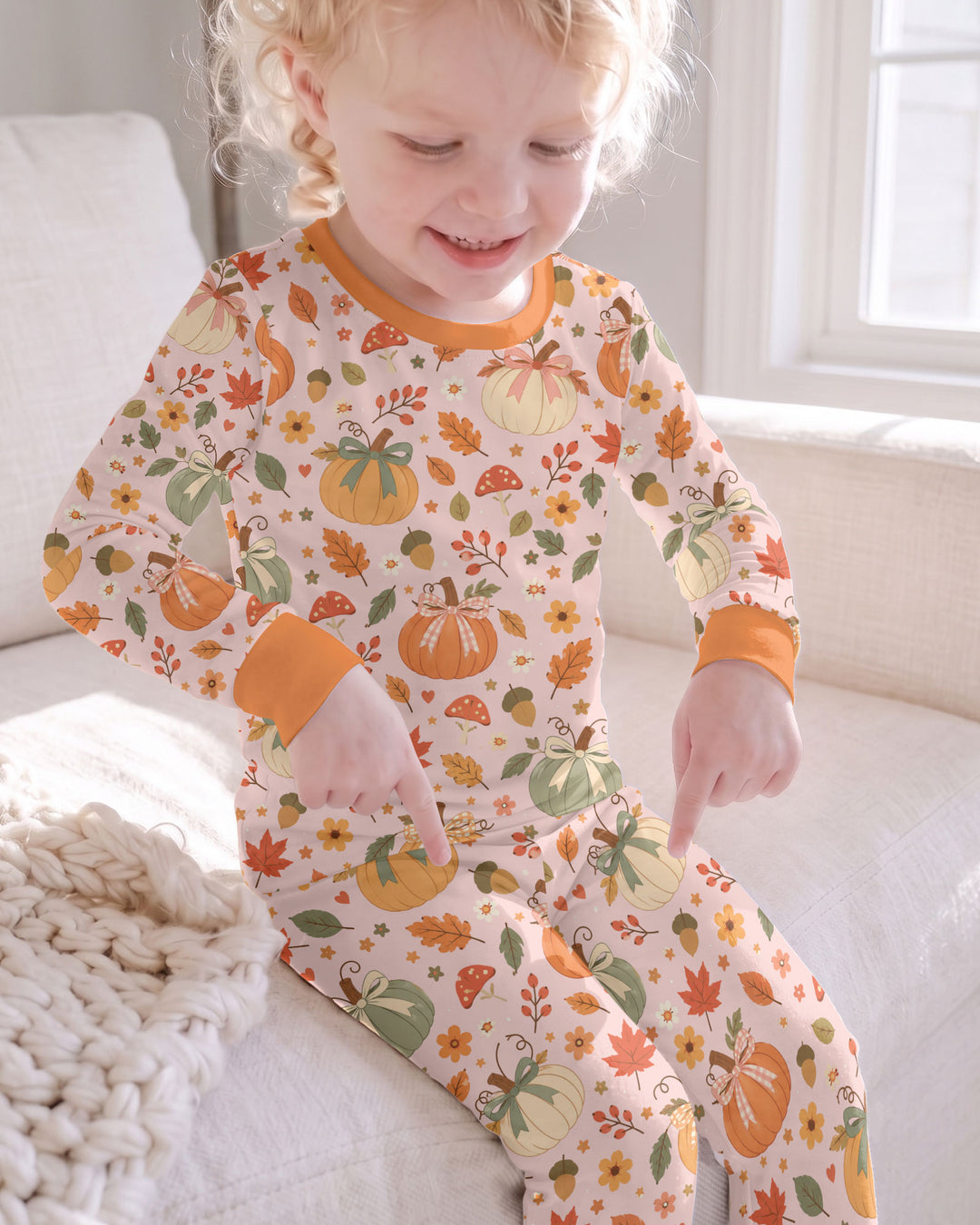 Pastel Pumpkin Bow Fall Bamboo Two Piece Long Sleeve Pajama Set