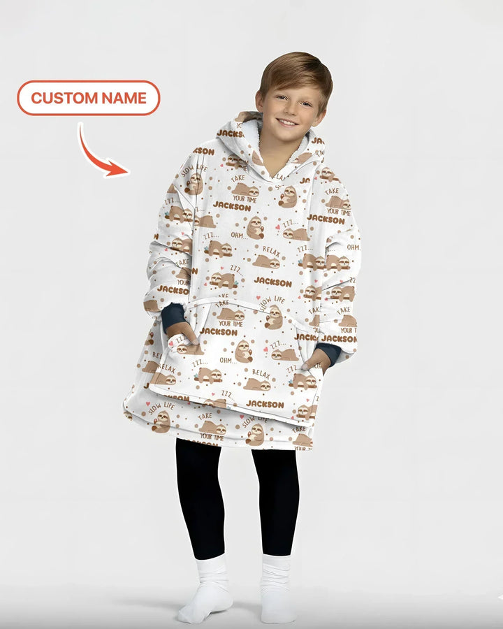 Custom Name Cute Sloth Bamboo Blanket Hoodie