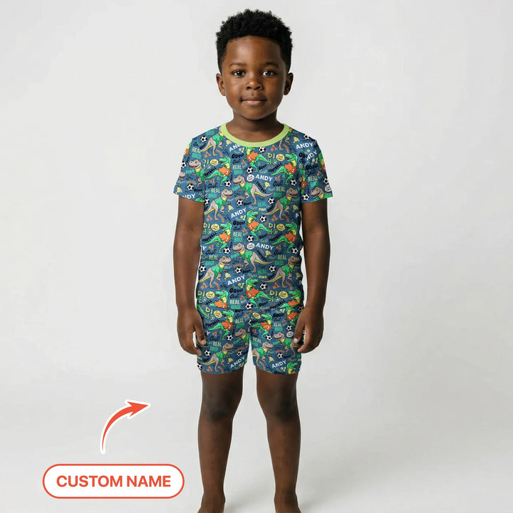 Custom Name Dino Soccer Bamboo Two Piece Short Sleeve Shorts Pajama Set