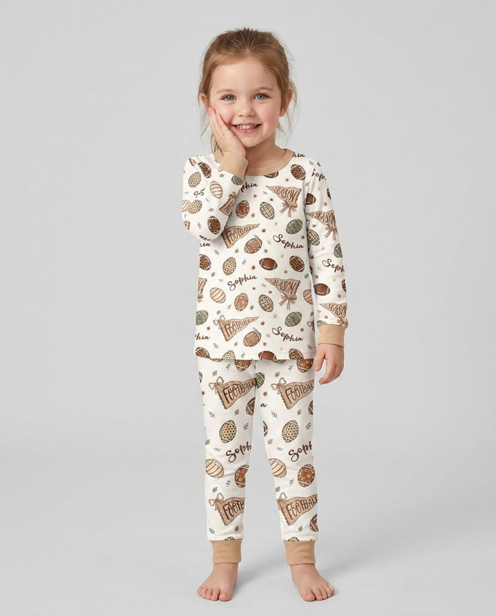 Custom Name Football Fall Season Bamboo Two Piece Long Sleeve Pajama Set