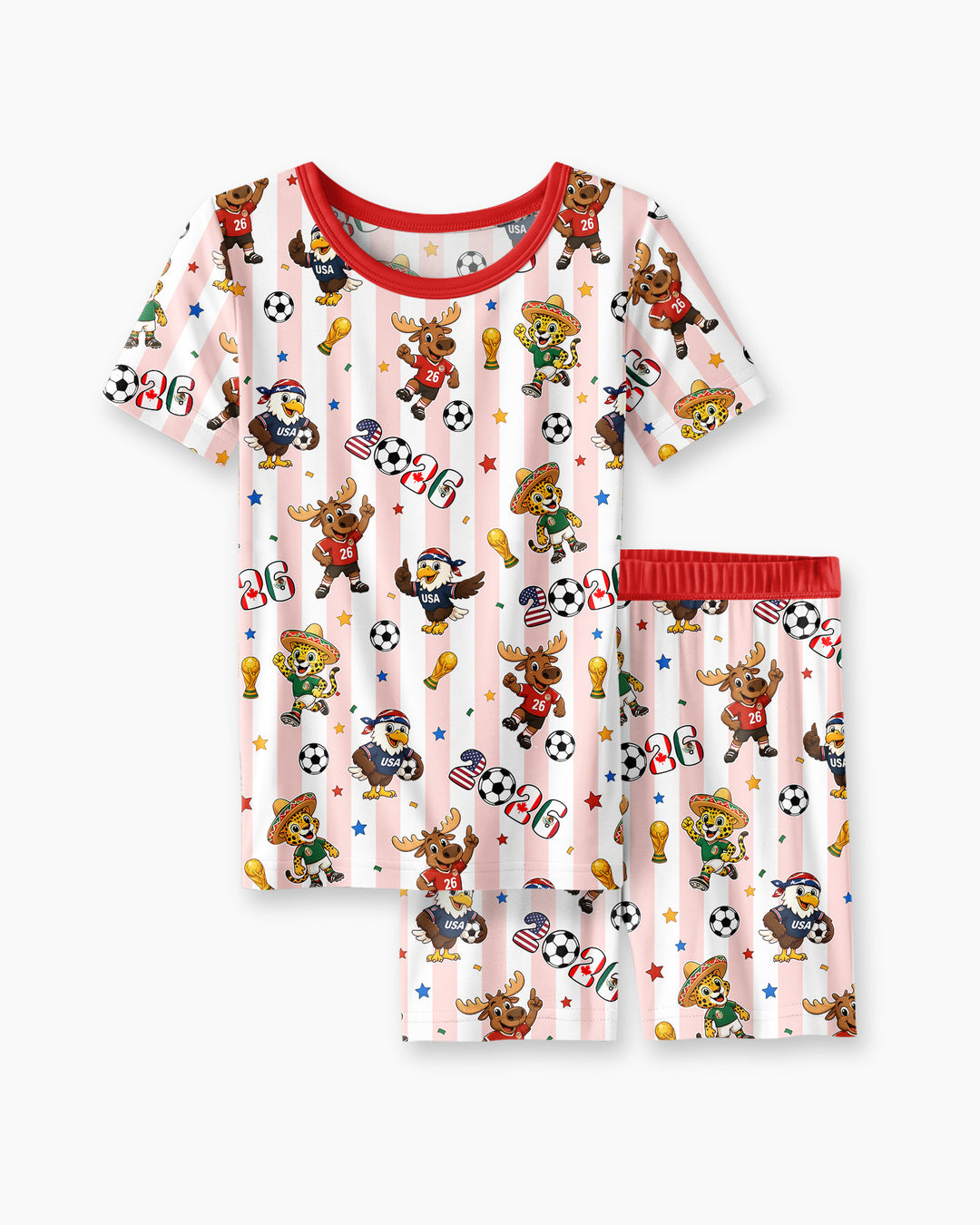 Striped Cute Mascots Soccer Cup 2026 Bamboo Two Piece Short Sleeve Shorts Pajama Set