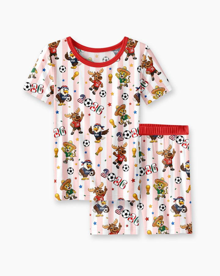 Striped Cute Mascots Soccer Cup 2026 Bamboo Two Piece Short Sleeve Shorts Pajama Set