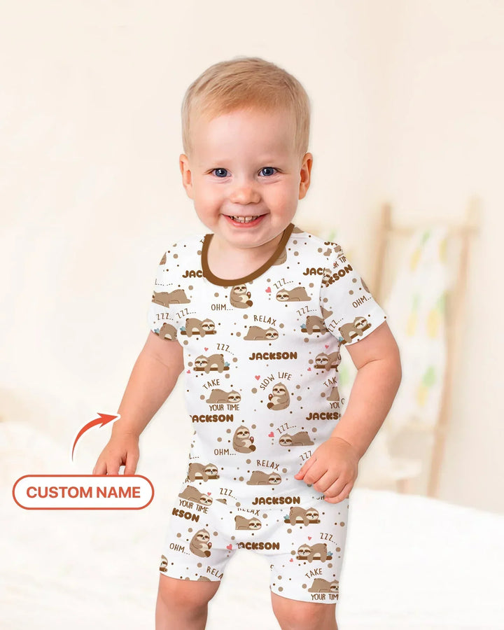 Custom Name Cute Sloth Bamboo Two Piece Short Sleeve Shorts Pajama Set
