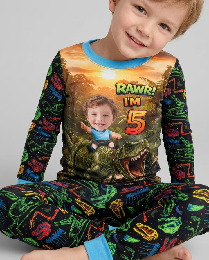 Custom Photo Dino Rawr Birthday Bamboo Two Piece Long Sleeve Pajama Set
